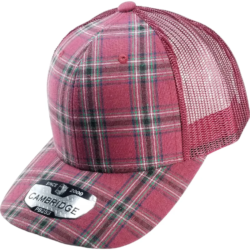 PB253 [BURGUNDY] PLAID TRUCKER HATS