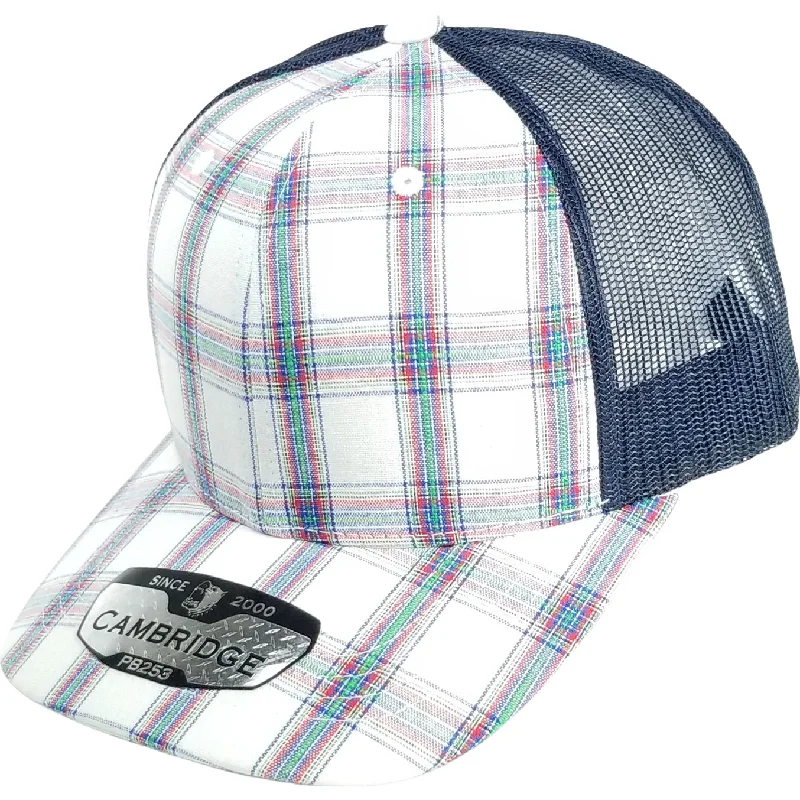 PB253 [WHITE/NAVY] PLAID TRUCKER HATS